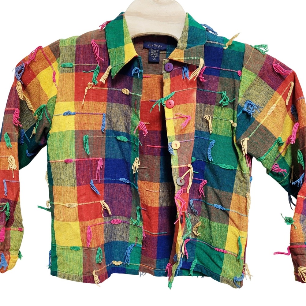 Life Style Plaid Fringe Jacket Rainbow Multi Color Buttons‎ Women's Medium Funky